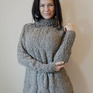 Hand Knit Alpaca Turtleneck Sweater: Grey Brown Raglan Sleeve Pullover