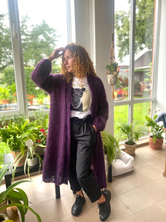 Aubergine Mohair Hand Knitted Coat Lightweight Mohair Long