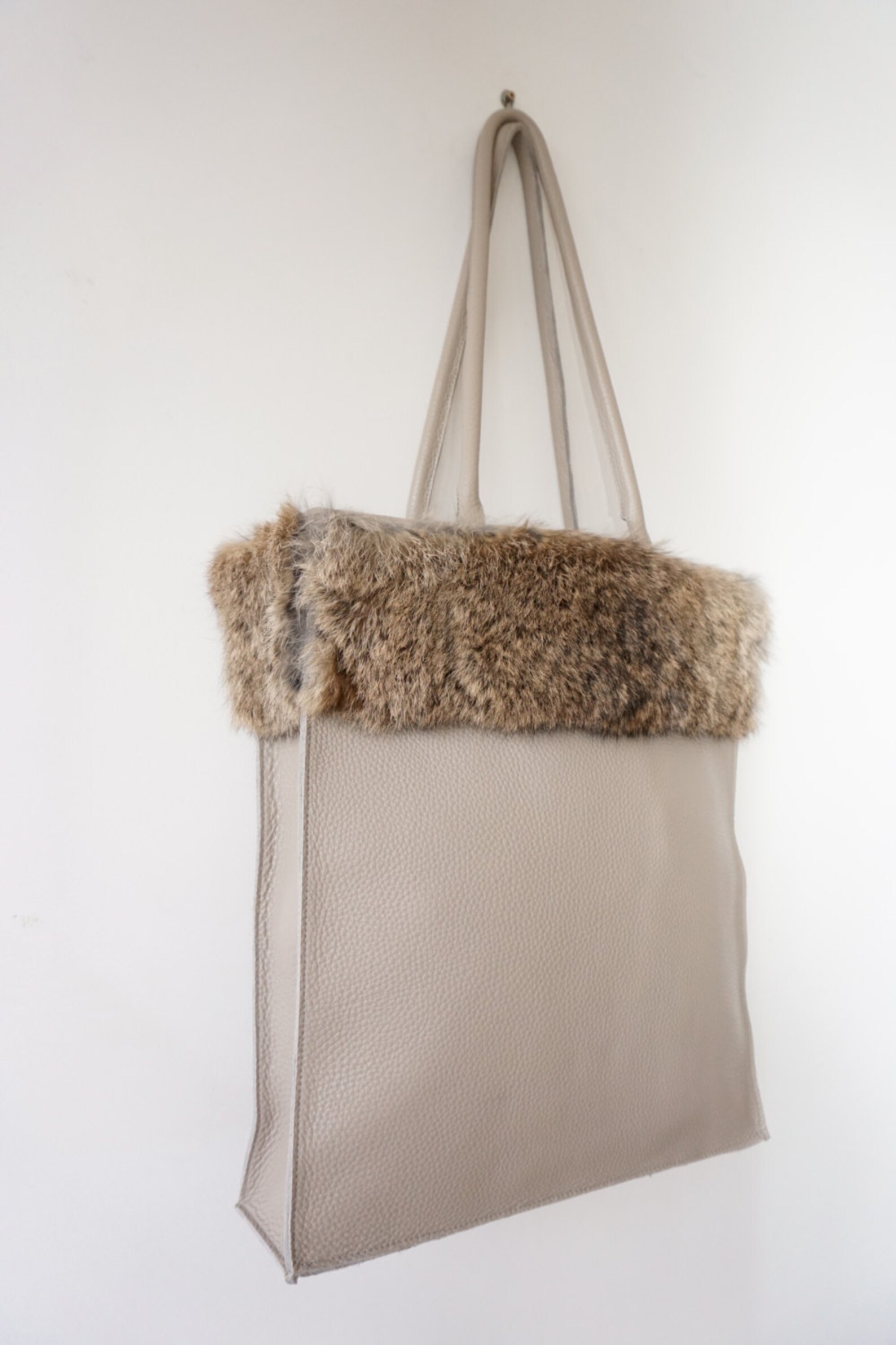 SALE / Large Leather Tote Bag with Rabbit Fur / Leather Tote Etsy