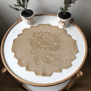 Golden Bronze Rose Design Crochet Doily/Rustic Rose Irish Filet Doily/ Vintage Rose Pattern/18 inch Diameter Doily