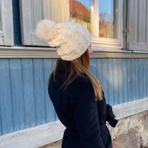 Hand Knit Natural Wool White Soft Alpaca Women Hat / Chunky Slouchy Soft Beanie With Large Fox Fur Pom Pom / Ski Hat image 6