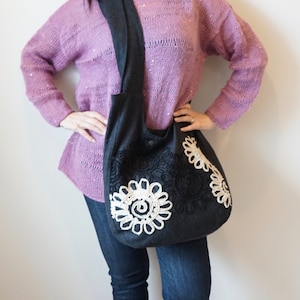 Große Cross Body Stoff Tasche / Eco Tasche / Charcoal Everyday Hobo Bag / Handgemachte Boho Tasche / Versandbereit