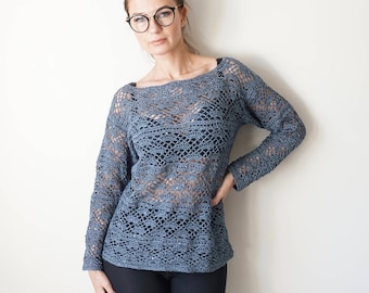 Grey Blue  Crochet Linen Cotton  Summer Pullover / Grey Blue Crochet Sweater