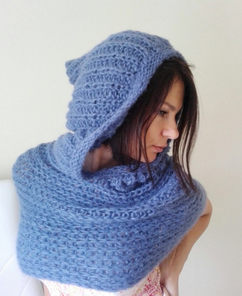Denim Blue Knitted Neck Warmer With Hood / Oversized Hooded - Etsy Canada