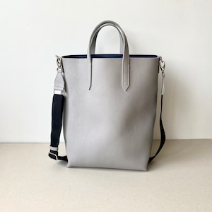 Light Grey Leather Tote with Black Canvas Crossbody Strap/ Women Shoulder Bag
