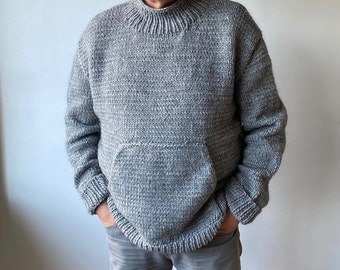 Men's Hand Knit  Alpaca  Sweater /Jumper/Turtleneck / Mottled Light Grey / Warm and Soft Gift for Him/ Ready to ship size XL /XXL