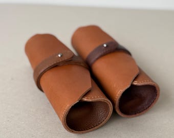 Handcrafted Leather Roll Up Pencil Case - Tan Brown Toiletry Bag