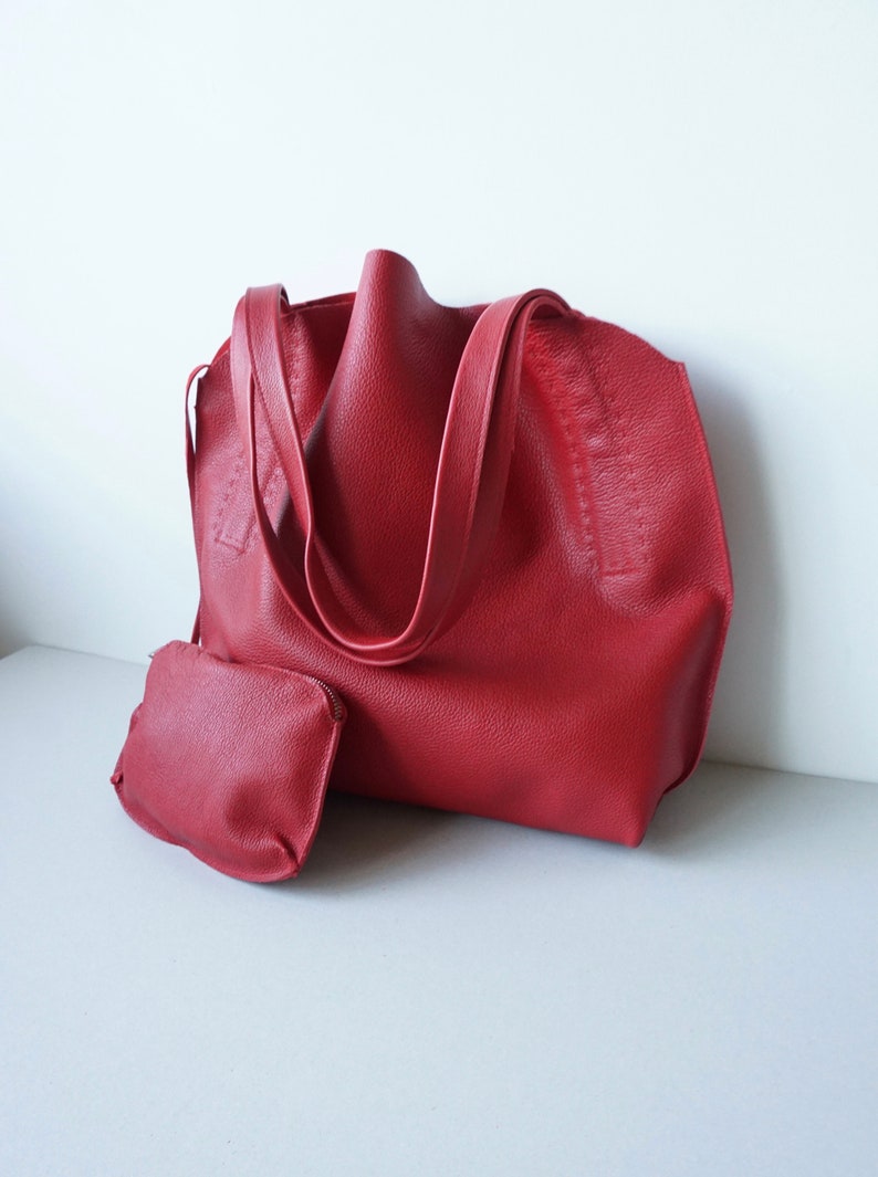 Red Leather Shoulder Bag / Slouchy Hobo Bag / Textured Soft Calf Leather / Unlined image 4