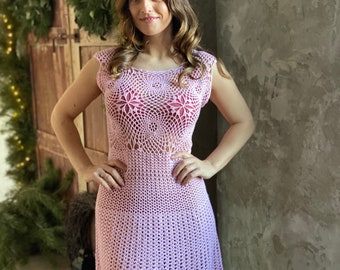 Light Pink Crochet Dress: Cotton Bamboo Blend Lace Tunic