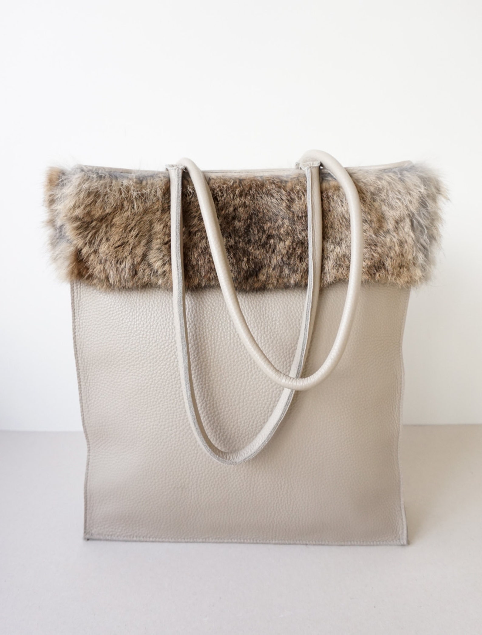 SALE / Large Leather Tote Bag with Rabbit Fur / Leather Tote Etsy