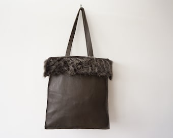 Olive Green Leather Tote Bag with Lamb Fur Trim