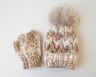 Handdyed Eco Duo Alpaca&#39;s Knit Set for Girl 1Y/ Beanie with Fox Fur and Mittens