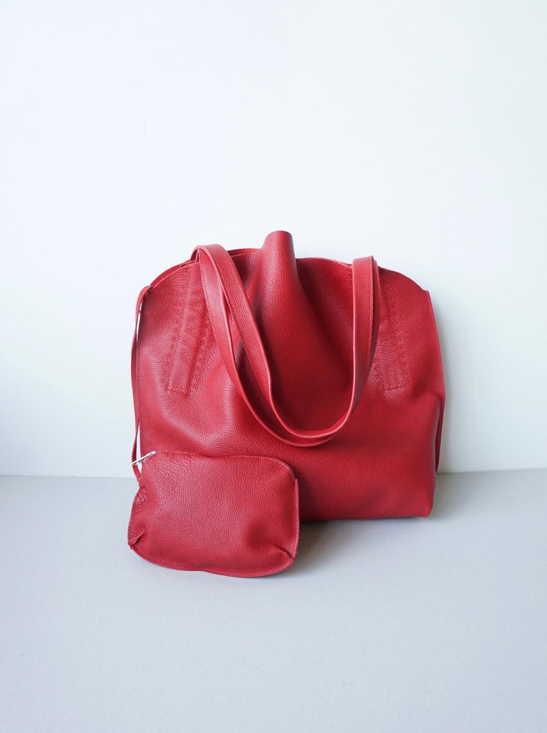 Red Leather Shoulder Bag / Slouchy Hobo Bag / Textured Soft Calf Leather / Unlined image 1