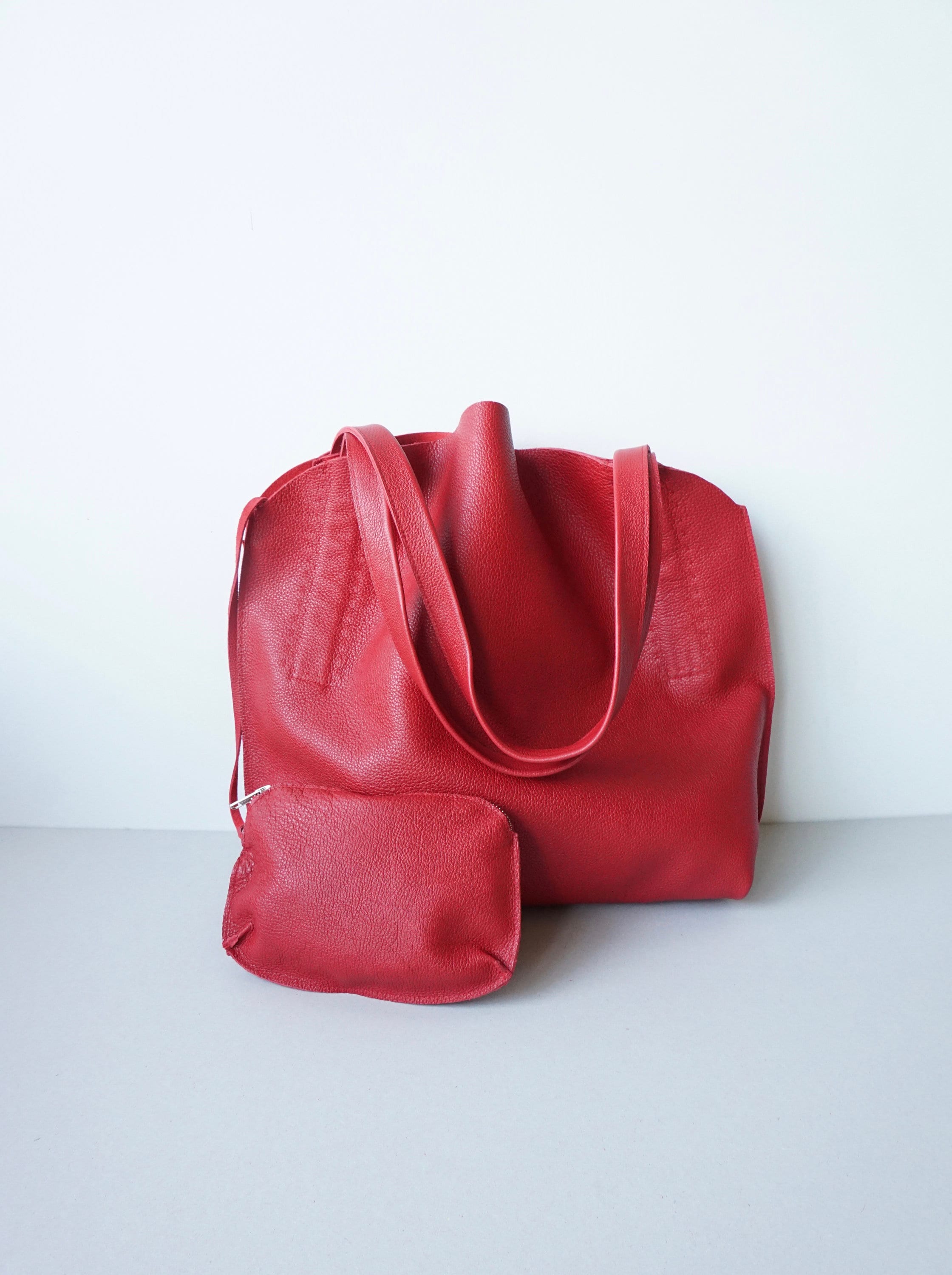 Red Leather Shoulder Bag / Slouchy Hobo Bag / Textured Soft Calf Leather / Unlined