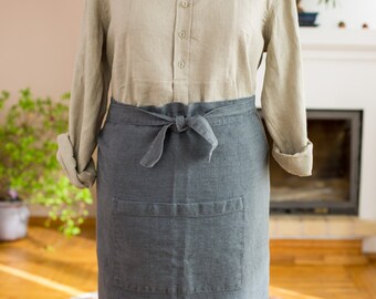 Unisex Soft Washed Linen Half Apron - Dark Grey Chef Apron