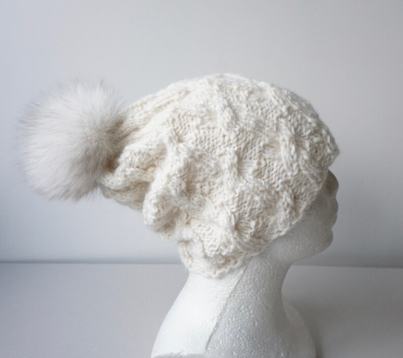 Hand Knit Natural Wool White Soft Alpaca Women Hat / Chunky Slouchy Soft Beanie With Large Fox Fur Pom Pom / Ski Hat image 7