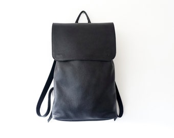 Large Black Soft Textured Leather Backpack / Unisex Minimalist Leather Bag / Traveller Bag / 15“ Laptop /Unlined/ Ready to Ship