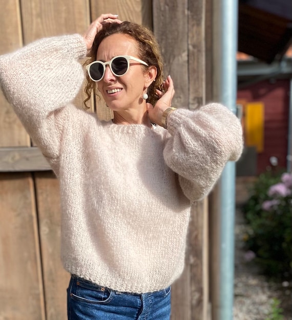 Fluffy Mohair Blend Pullover: Beige Balloon Sleeve Sweater