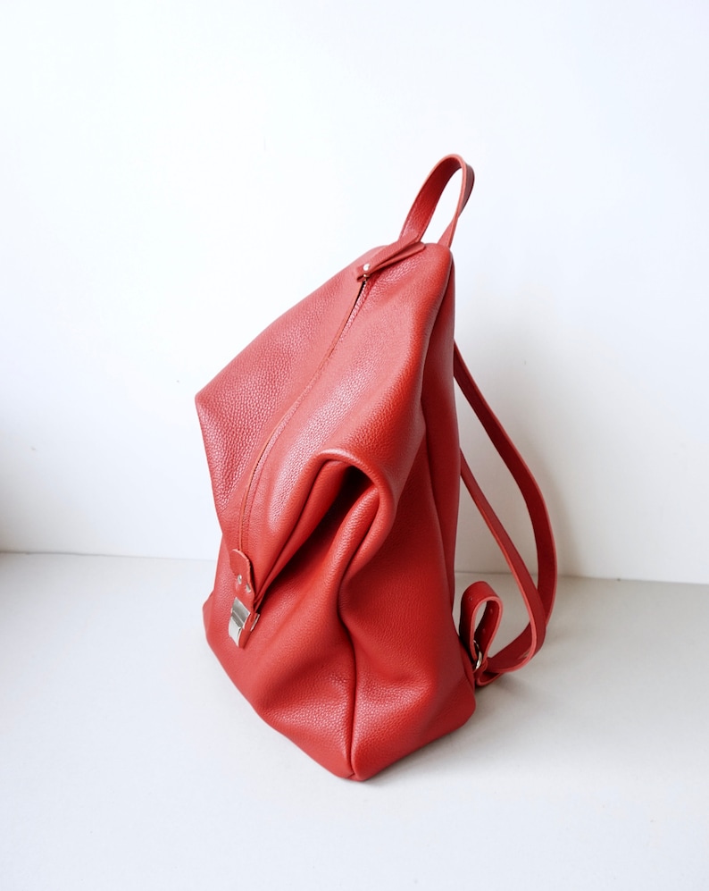 Soft Calf Leather Backpack Red Minimalist Leather Bag Traveller Bag Lined 13 Laptop