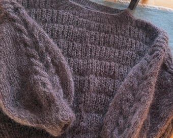 Chocolate Fluffy Mohair Blend Pullover: Dark  Brown Brioche Knit Sweater with Balloon Sleeves