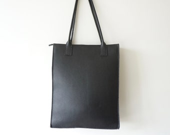 Black Minimalist Large Leather Shoulder Bag / Women Tote / Black Leather Bag