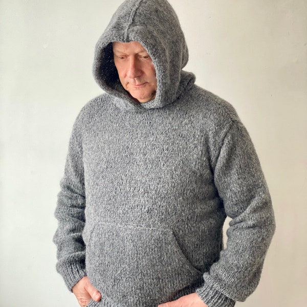 Made to Order/ Men's Hooded Knit  Alpaca Blend Pullover/ Mens Knit Jumper/ Dark Grey/ Soft Gift for Him