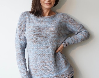 Handknit Cotton Pullover: Blue Copper Boho Sweater, Lana Grossa Yarn
