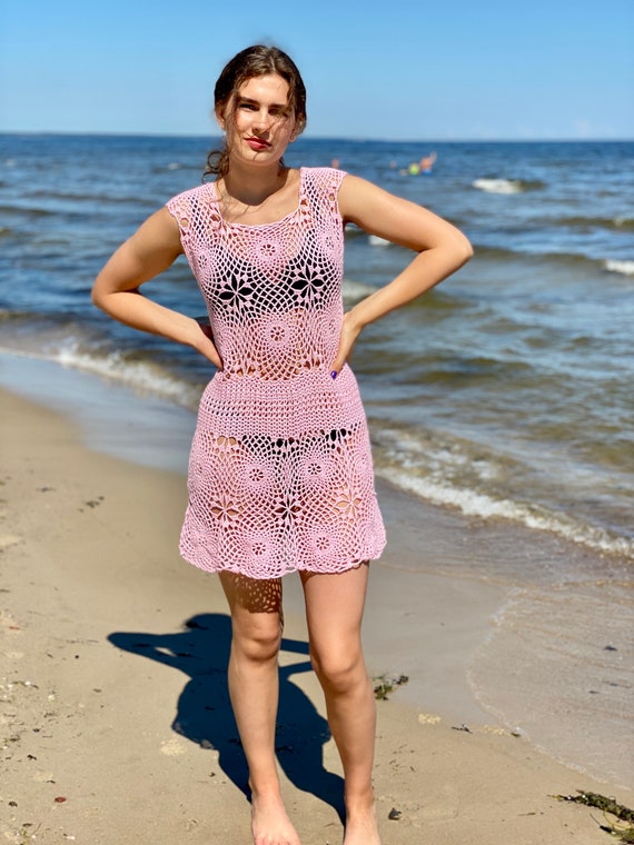 pink crochet beach dress Always Devotion Crochet Midi Dress in Pink Metallic main image 0