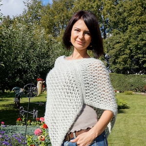 Hand knitted poncho / Throw/ Summer Beach Cover/ Lana Grossa Exclusive Yarn/ Light Green Grey Natural