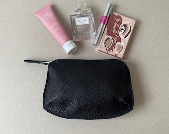 Black Goat Leather Cosmetic Bag / Leather Makeup Case / Beauty Case/ Zipper Pouch