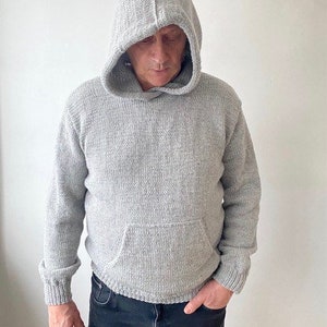 Light Grey Men&#39;s Hooded Knit  Alpaca Blend Pullover/ Exclusive Rowan yarn/ Mens Knit Jumper/ Soft Gift for Him/ Ready to Ship