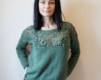 Sale/ Green Handmade Pullover / Jumper / Hand Knit and Crochet  Sweater/Ready to ship