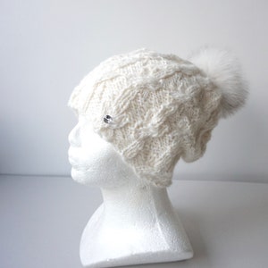 Hand Knit Natural Wool White Soft Alpaca Women Hat / Chunky Slouchy Soft Beanie With Large Fox Fur Pom Pom / Ski Hat image 8