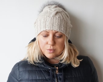 Cable Knit Alpaca Blend Beanie: Light Beige Slouchy Hat