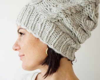 Cable Knit Alpaca Blend Hat /Teens-Women Hat/ Soft Wool Cable Beanie  / Slouchy Cable Beanie / Light Grey