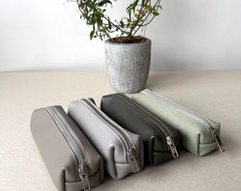 Light Green Khaki  Beige Leather Pencil Case /  Small Toiletry Bag