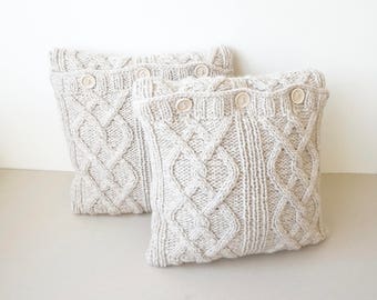 Alpaca Hand Knitted Cabled Pillow / Off White / Natural Colour Pillow Cover /Handmade Decorative Pillow / Aran Pattern Pillow