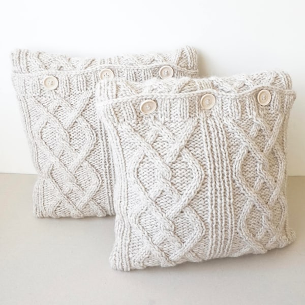 Alpaca Hand Knitted Cabled Pillow / Off White / Natural Colour Pillow Cover /Handmade Decorative Pillow / Aran Pattern Pillow