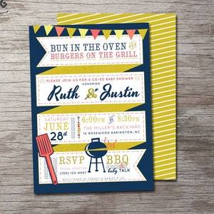 Baby Q Baby Shower Invitation, Bun in the oven burgers on the grill, bbq baby shower invitation, coed baby shower invitation