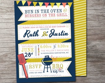 Baby Q Baby Shower Invitation, Bun in the oven burgers on the grill, bbq baby shower invitation, coed baby shower invitation