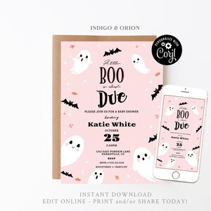 A Little Boo is Almost Due Baby Shower invitation template, EDITABLE, cute ghosts, mobile invitation template, DIY printable, 5x7, Corjl