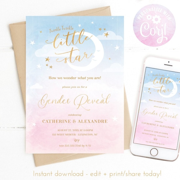 Twinkle Twinkle Little Star Gender Reveal Invitation Template, Moon and Gold Stars Gender Reveal Party Invite, He or She, Pink or Blue evite