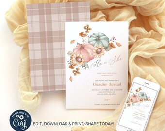 Pumpkin Gender Reveal Invitation, template, he or she, editable, rustic fall gender reveal invitation, Autumn gender reveal, corjl,