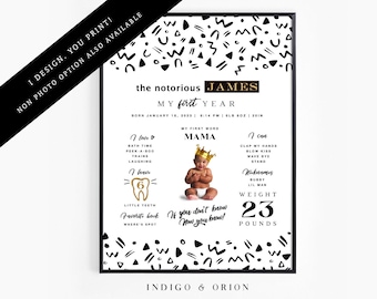 First Birthday Milestone Poster | Big one photo Poster | Monthly Milestone Poster | Baby's First Year |  1st Birthday poster