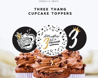 Three Thang Round Cupcake Toppers, circle Cupcake toppers,  3rd birthday party stickers, Instant download, printable files,