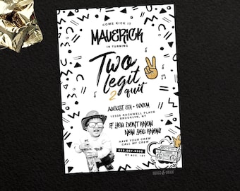 Two Legit To Quit 2nd Birthday PHOTO invitation, Hip Hop 2 legit birthday party invitations, hip hop party, 2nd birthday, old school invite