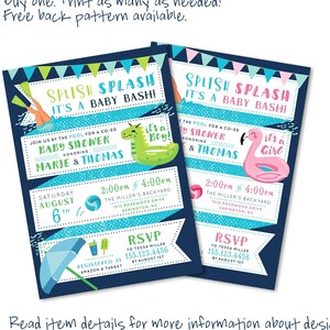 May include: Two blue and green baby shower invitations with a pool and flamingo theme. The text on the invitations reads "Splish Splash It's a Baby Bash!" and includes the time and date of the event. RSVP information is also included.