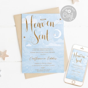 Heaven Sent Baby Shower Invitation: Blue, Gold, Cloud (Digital, Printable)