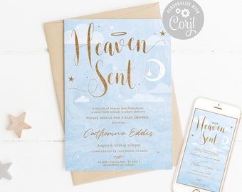 Heaven Sent Baby Shower Invitation: Blue, Gold, Cloud (Digital, Printable)