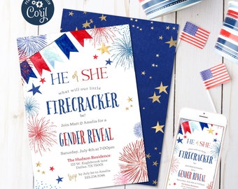 Firework Gender Reveal, Firecracker Gender Reveal Invitation template, 4th of July Gender Reveal, 5x7, digital Firework Reveal, DIY Template